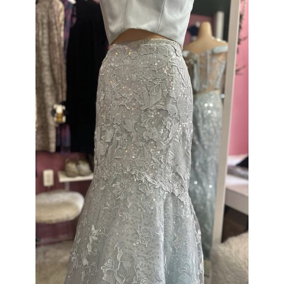 Ellie Wilde by Mon Cheri 2 pc Prom Dress Set Cropped Blue Lace Shimmer M - Picture 6 of 12